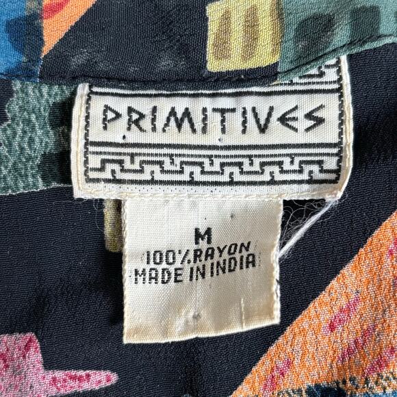 Vintage 90s Rayon Shirt Medium Colorful Yellow Tribal Abstract Animal Print - Picture 10 of 11